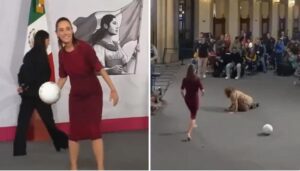 Vídeo: Reportera cae estrepitosamente al intentar atrapar un balón lanzado por Claudia Sheinbaum, presidenta de México