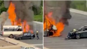 Vídeo, héroe sin capa: bombero fuera de servicio evitó que se incendiara un automóvil que estaba estacionado al lado de un microbus envuelto en llamas