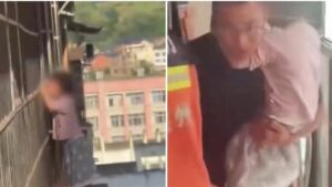 Vídeo sensible: una niña de tres años de edad quedó atrapada en un séptimo piso tras trepar por una ventana y quedar  parada sobre una unidad de aire acondicionado exterior