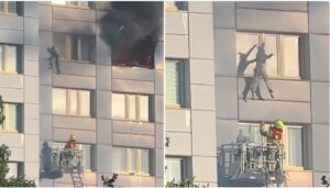 Vídeo impresionante: Rescate ‘de infarto’ de una mujer atrapada en el 11.º piso de un rascacielos en llamas