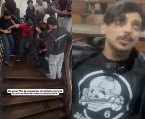 Vídeo sensible: en una universidad de Rio de Janeiro golpean a un estudiante por llevar una camiseta de la banda británica Death in June con la Totenkopf, símbolo de las SS, el escuadrón paramilitar de élite del Tercer Reich