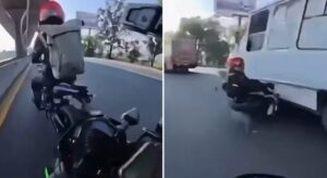 Vídeo sensible: una mujer motociclista estuvo a punto de perder la vida por un choque entre motos qué la lanzó a centímetros de un camión que pasaba