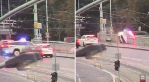 Vídeo: patrulla policial pierde el control, patina en el asfalto de un puente y cae a un río con dos ocupantes