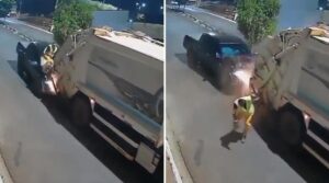 Vídeo de impacto: recolector de basura salta un segundo antes de ser aplastado por una camioneta