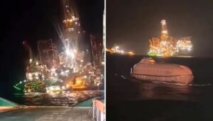 Vídeos: una gigantesca plataforma petrolera se hunde en el mar con cientos de trabajadores a bordo