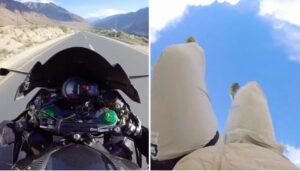 Vídeo: un motociclista vuela varios metros por los aires al evitar una colisión contra otra moto con dos a bordo